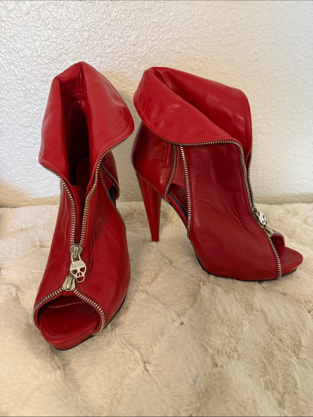 Alexander McQueen Faithful Red Skull Zip Peep-Toe Stiletto Booties 2010